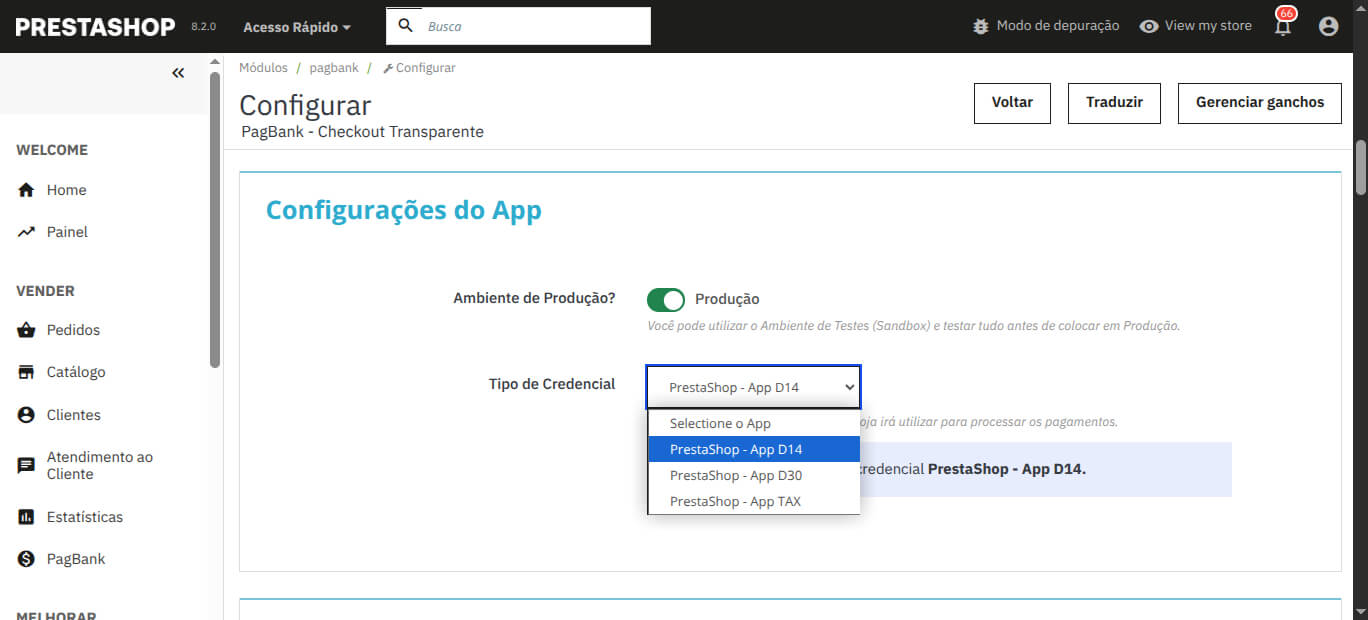 Configurações do App - Módulo PagBank