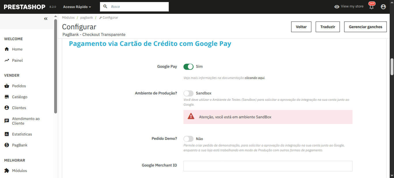 Pagamento via Cartão de Crédito com Google Pay - Módulo PagBank