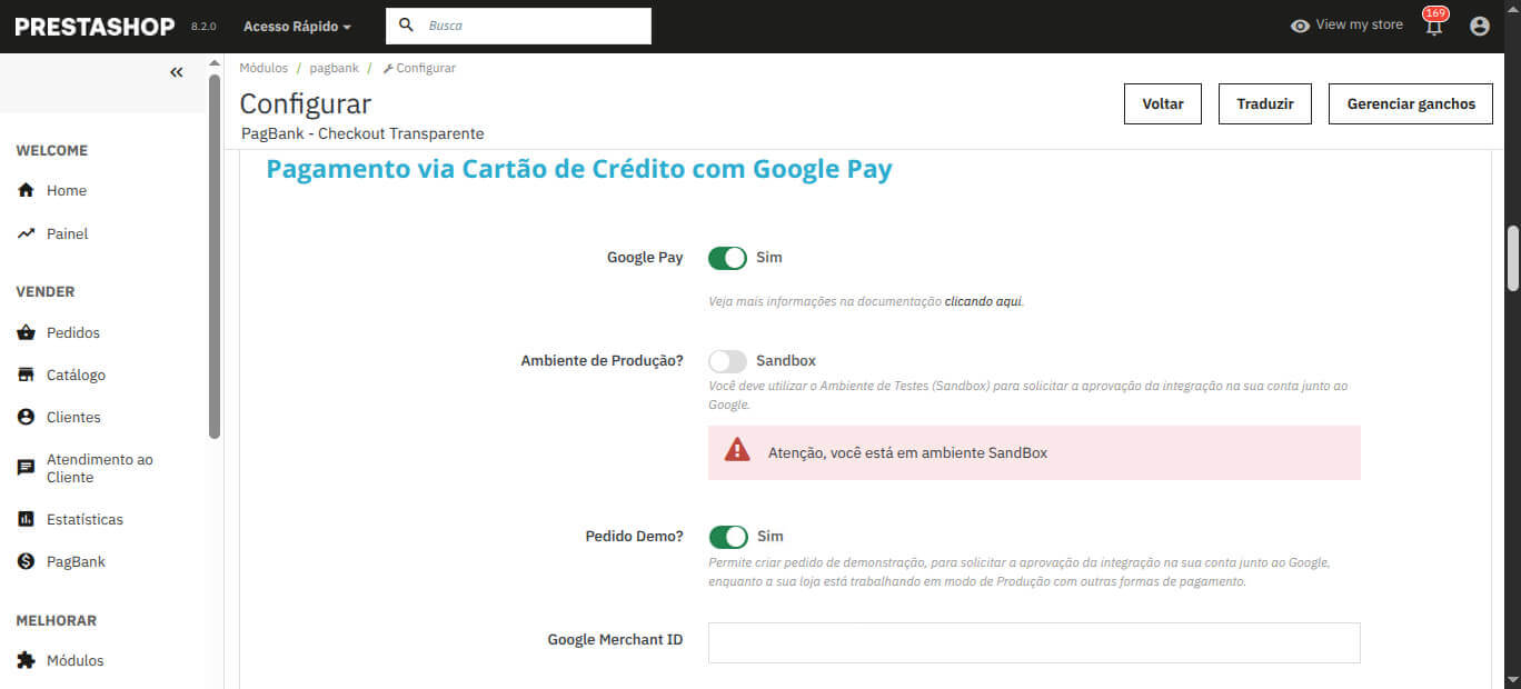 Pagamento via Cartão de Crédito com Google Pay - Módulo PagBank