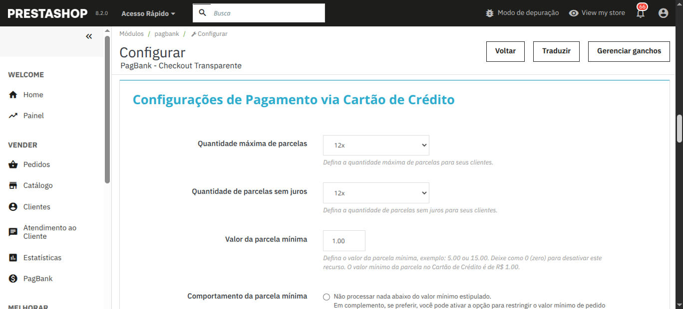 Configurações de Pagamento via Cartão de Crédito - Módulo PagBank